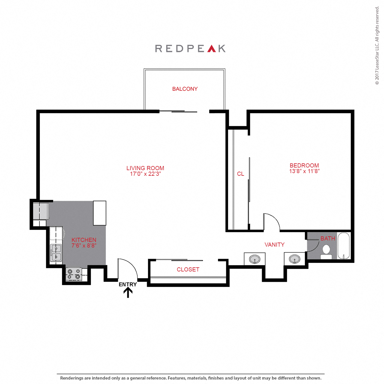 Floor plan for 1 bed, 1 bath, 700 sqft